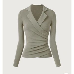 OGL Collared Surplice Wrap Top Ruched Rib Knit Long Sleeve Office Work Blouse L